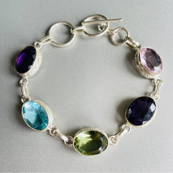 Multi Colored Cubic Zirconia Ornate Oval Link Sterling Silver Toggle Bra… - Picture 1 of 10